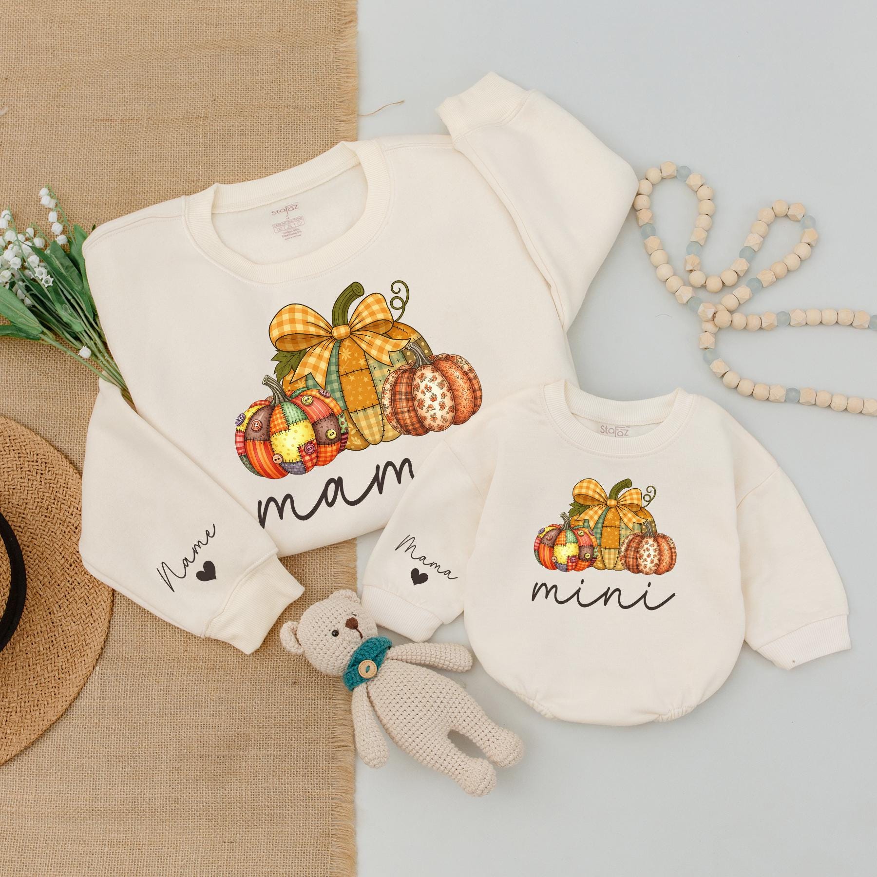 Personalized Mama Mini Matching Fall Sweatshirt Outfit with Plaid Pumpkins, festive Autumn Family Clothes, Cozy Cursive Print Mom Baby Gift