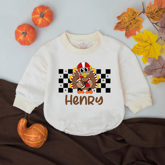 Henry's First Thanksgiving Football Romper, Custom Turkey Day Baby Outfit, Game Day Bodysuit, Fall Sport Clothes, Personalized Little Turkey Romper (139 chars)