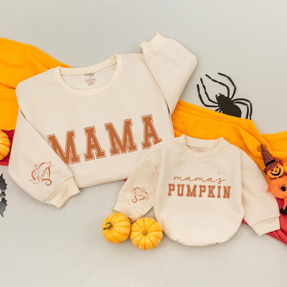 Mama and Mama's Pumpkin Matching Fall Sweatshirts Cute Autumn Family Outfits Thanksgiving Holiday Bash
