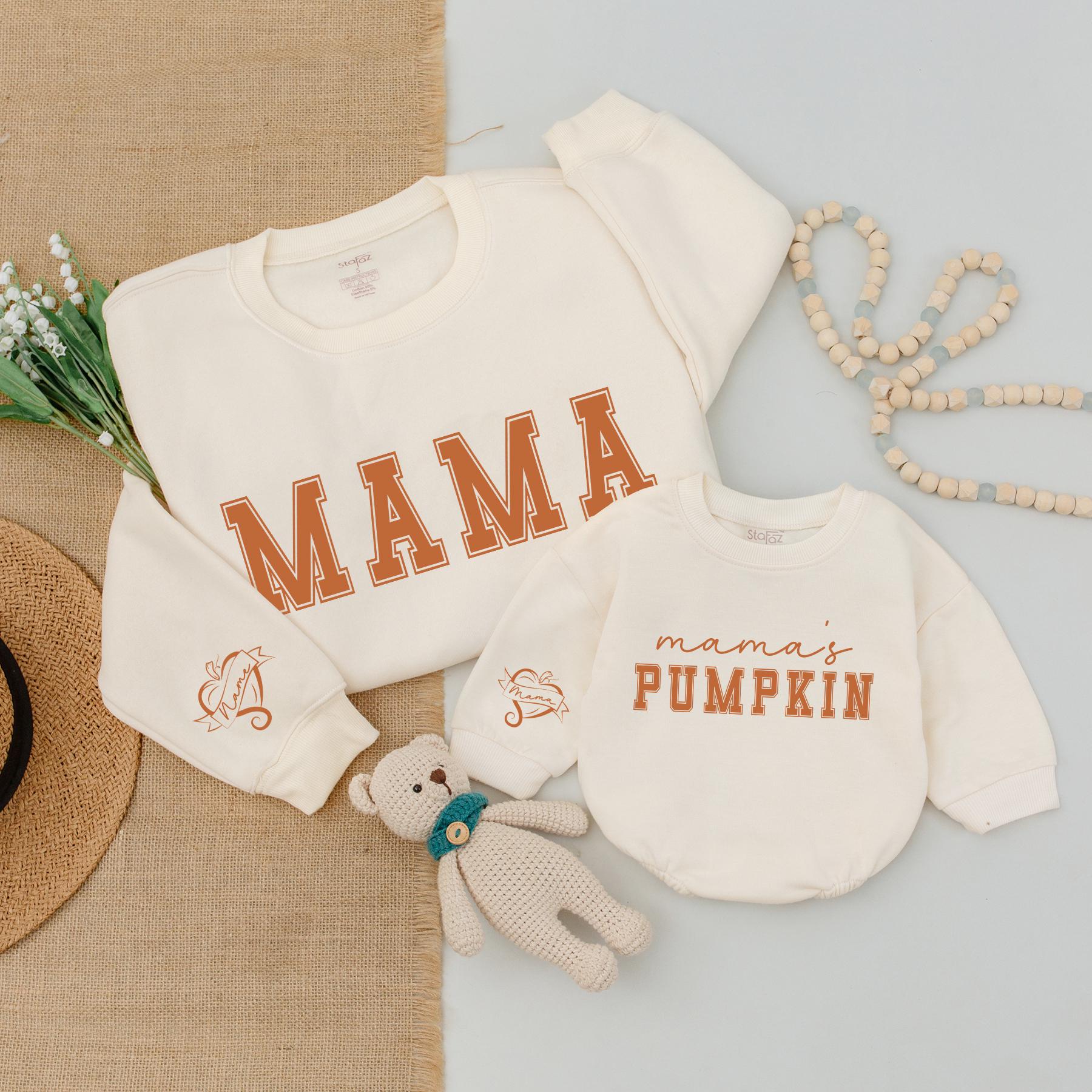 Mama and Mama's Pumpkin Matching Fall Sweatshirts Cute Autumn Family Outfits Thanksgiving Holiday Bash