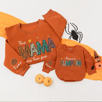 This Mama Loves Her Pumpkins Matching Family Sweatshirts: Teal, Orange Animal Print Fall Thanksgiving Mommy and Me Outfits Autumn Clothes 137