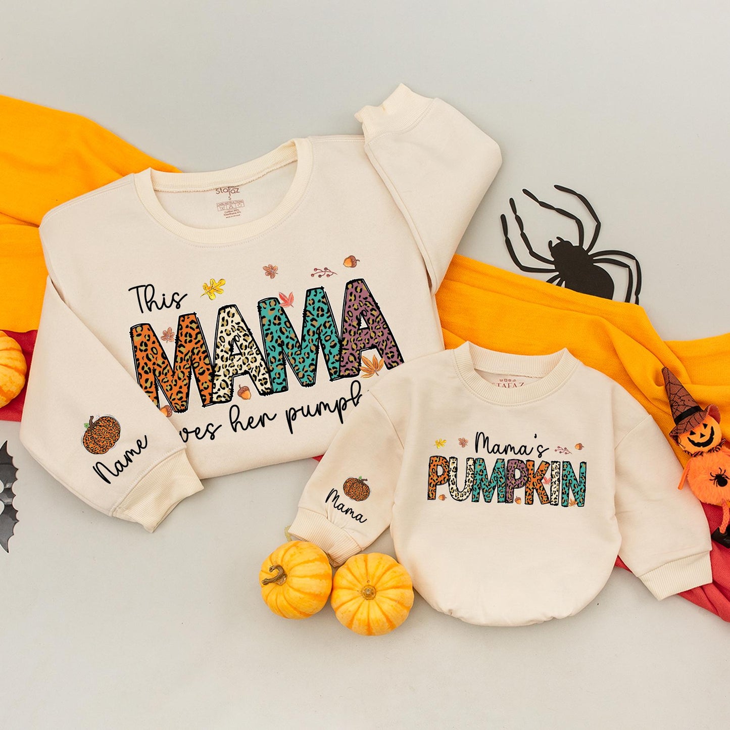 This Mama Loves Her Pumpkins Matching Family Sweatshirts: Teal, Orange Animal Print Fall Thanksgiving Mommy and Me Outfits Autumn Clothes 137