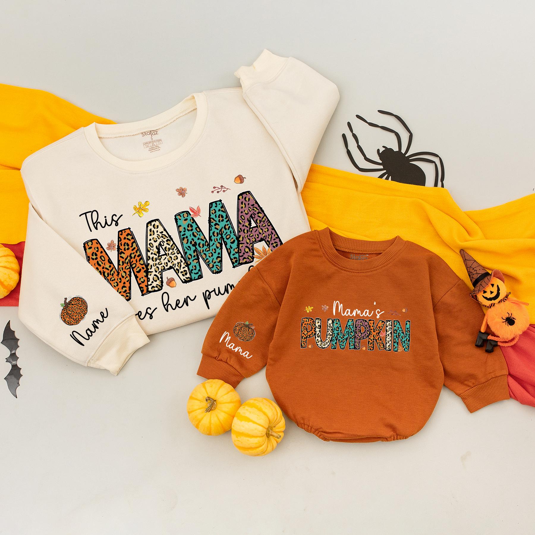 This Mama Loves Her Pumpkins Matching Family Sweatshirts: Teal, Orange Animal Print Fall Thanksgiving Mommy and Me Outfits Autumn Clothes 137