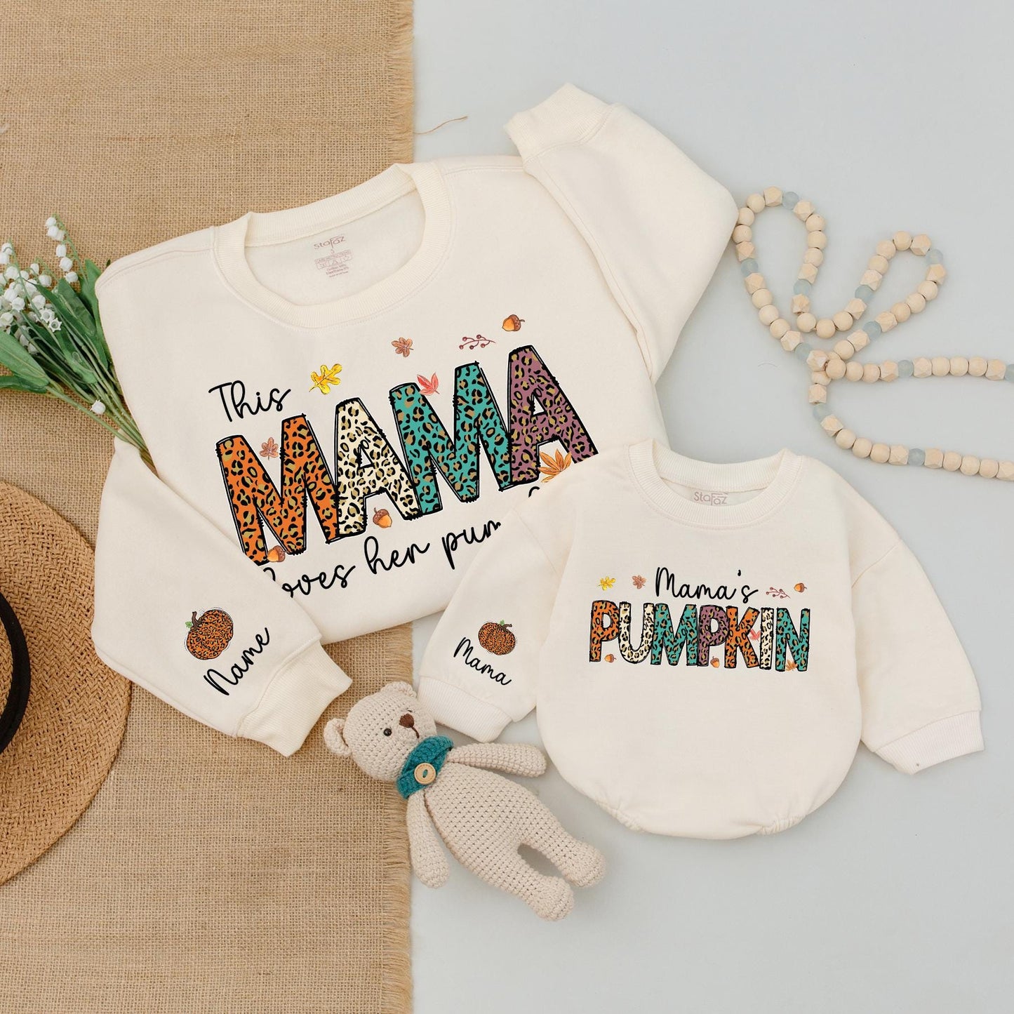 This Mama Loves Her Pumpkins Matching Family Sweatshirts: Teal, Orange Animal Print Fall Thanksgiving Mommy and Me Outfits Autumn Clothes 137