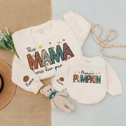 This Mama Loves Her Pumpkins Matching Family Sweatshirts: Teal, Orange Animal Print Fall Thanksgiving Mommy and Me Outfits Autumn Clothes 137