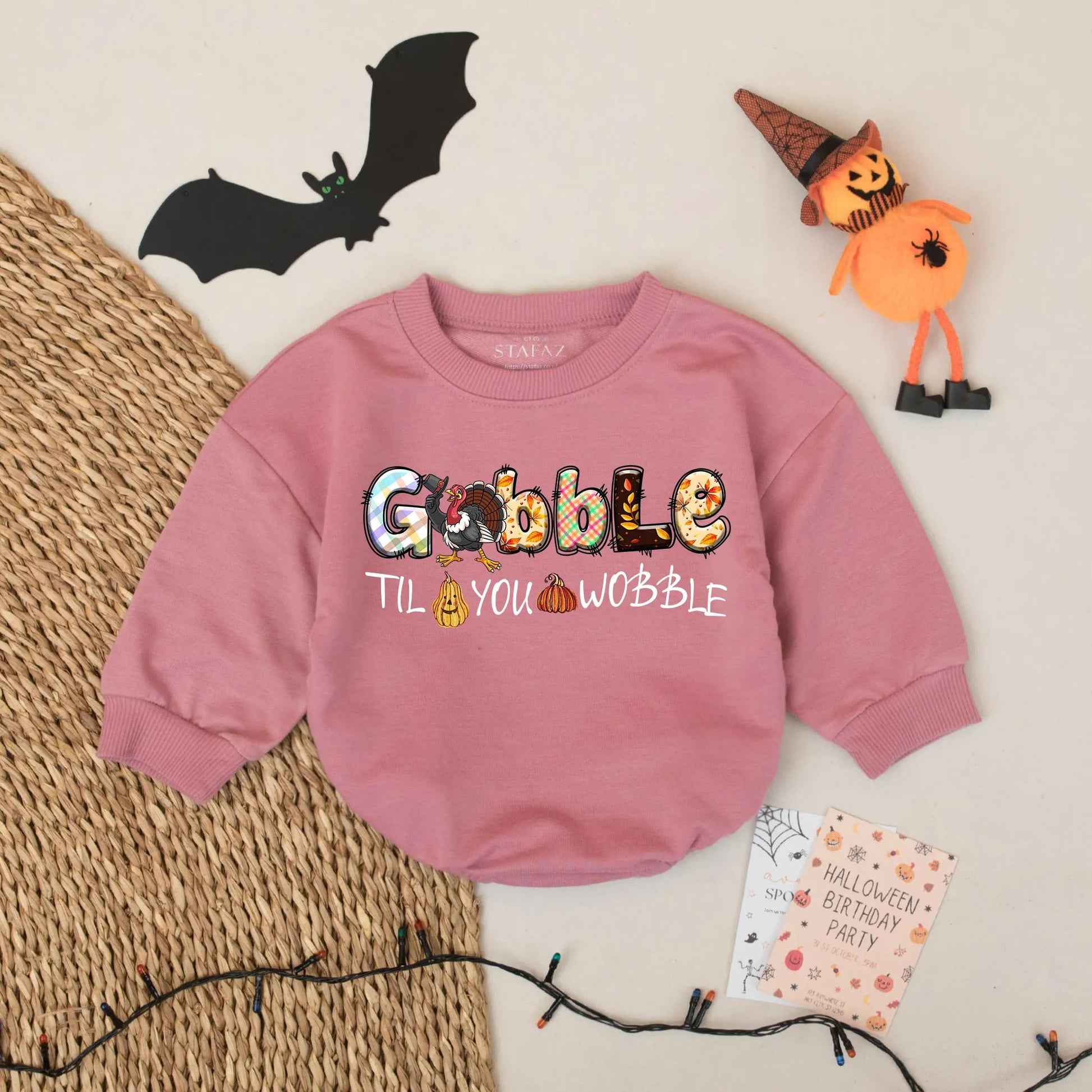 Gobble Til You Wobble Baby Thanksgiving Romper - Personalized Turkey Outfit with Plaid & Leaves Design, First Thanksgiving Gift