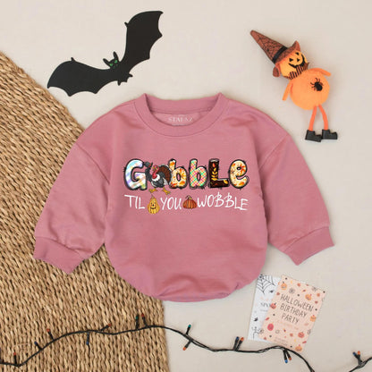 Gobble Til You Wobble Baby Thanksgiving Romper - Personalized Turkey Outfit with Plaid & Leaves Design, First Thanksgiving Gift
