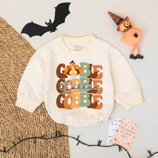 Gobble Thanksgiving Baby Romper: Retro Turkey Bodysuit for First Thanksgiving, Funny Holiday Outfit in Earth Tones, Soft Cotton Newborn Clothes (138 chars)