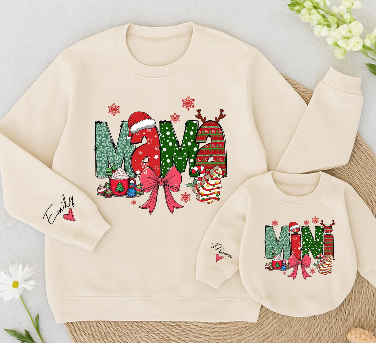 Mama and Mini Christmas Sweatshirt Matching Set, Festive Leopard Print Holiday Outfit for Mom Daughter, Cheerful Xmas Gift, Cozy Winter Clothes  
