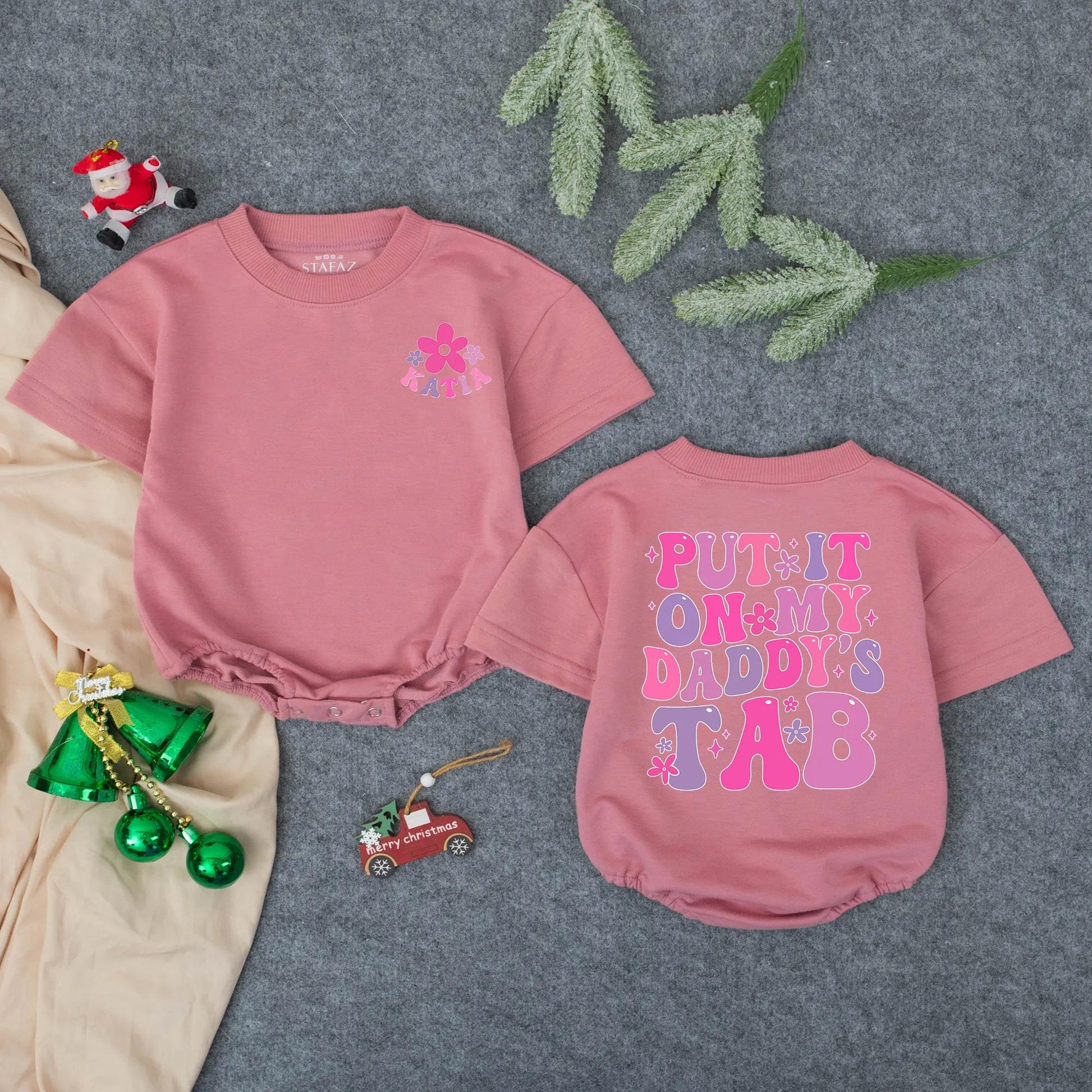 Custom Put It On Daddy's Tab Baby Girl Romper, Funny Father's Day Gift for New Dad, Pink Flower Design Toddler Outfit