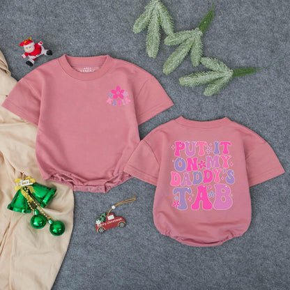 Custom Put It On Daddy's Tab Baby Girl Romper, Funny Father's Day Gift for New Dad, Pink Flower Design Toddler Outfit