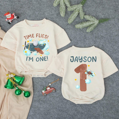 Personalized Time Flies Baby Romper First Birthday Outfit I'm One Airplane Theme Gift for Boys with Custom Name