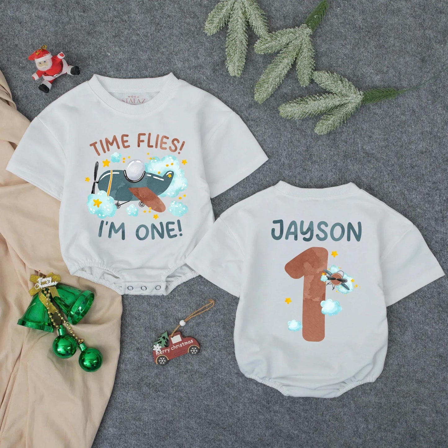 Personalized Time Flies Baby Romper First Birthday Outfit I'm One Airplane Theme Gift for Boys with Custom Name