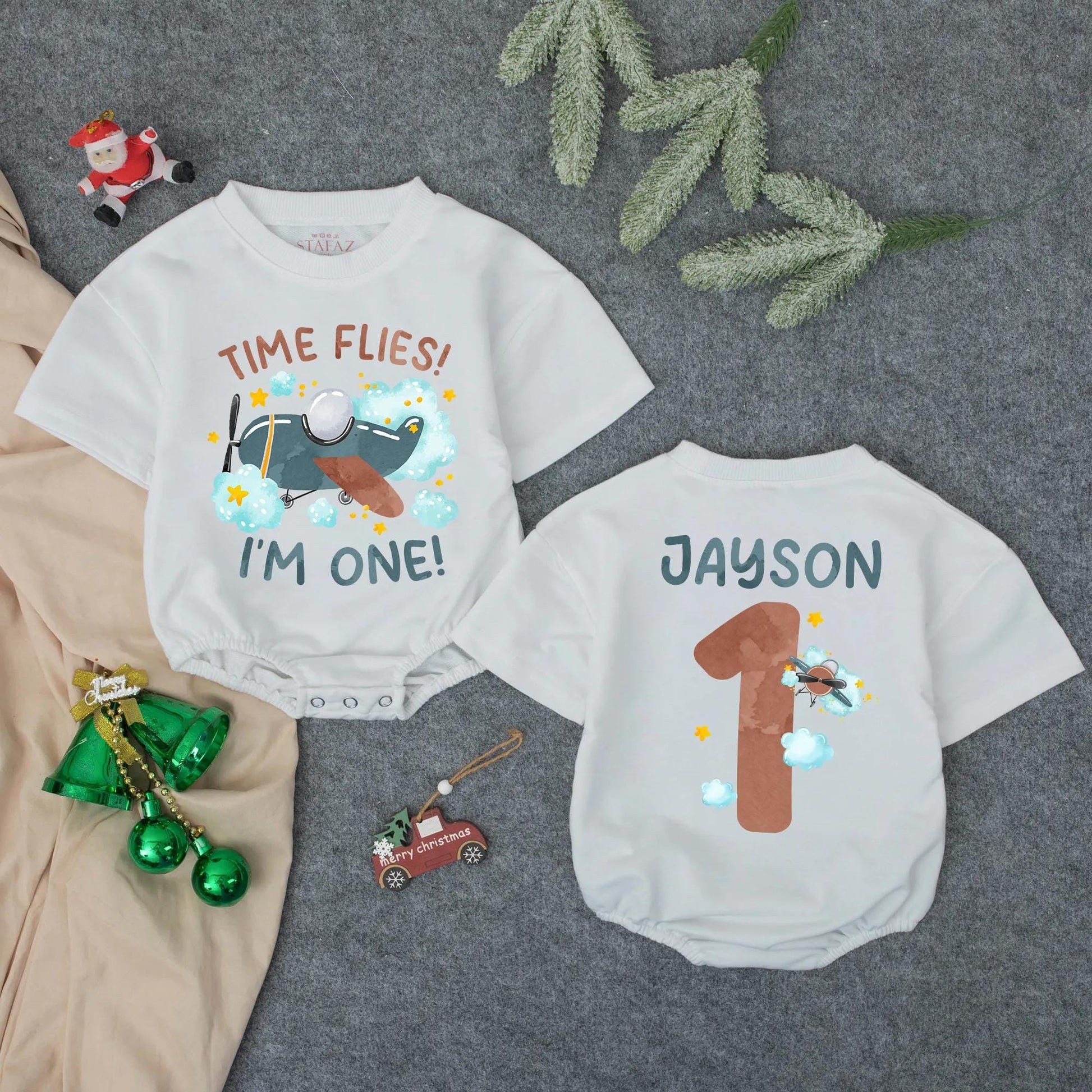 Personalized Time Flies Baby Romper First Birthday Outfit I'm One Airplane Theme Gift for Boys with Custom Name