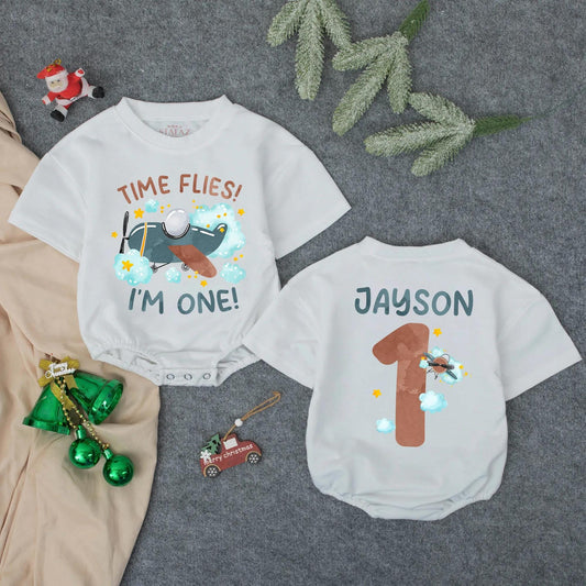 Personalized Time Flies Baby Romper First Birthday Outfit I'm One Airplane Theme Gift for Boys with Custom Name