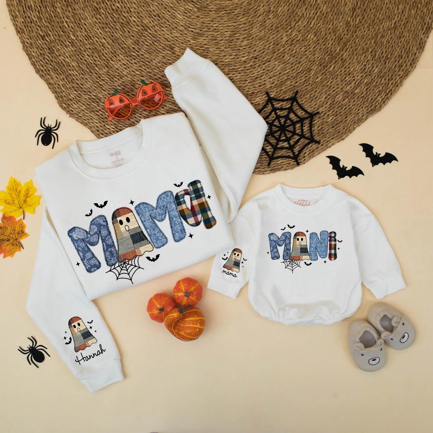 Matching Halloween Mama & Mini Plaid Ghost Sweatshirts, Spooky Family Outfits, Mommy and Me Cute Fall Shirts, Vintage Vibes