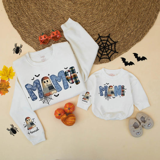 Matching Halloween Mama & Mini Plaid Ghost Sweatshirts, Spooky Family Outfits, Mommy and Me Cute Fall Shirts, Vintage Vibes