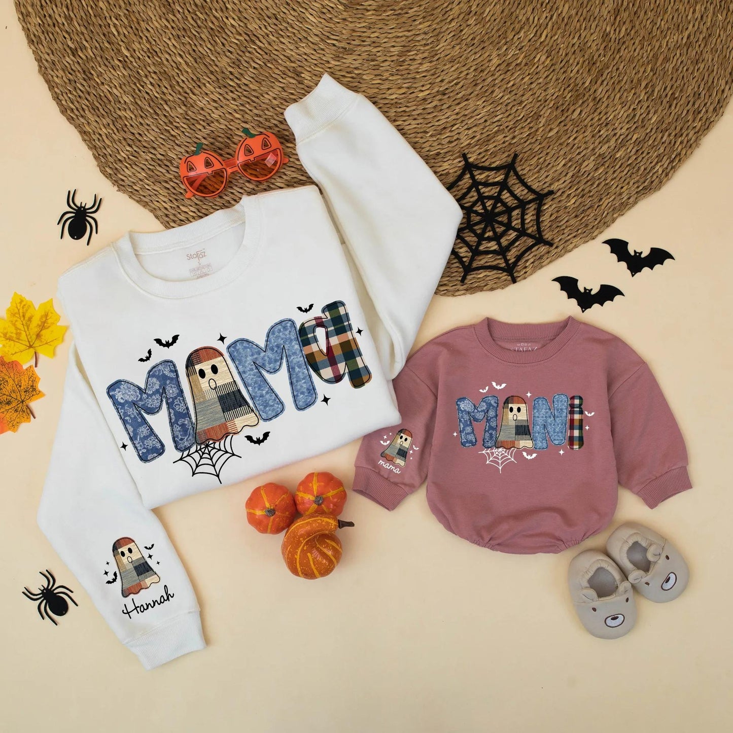 Matching Halloween Mama & Mini Plaid Ghost Sweatshirts, Spooky Family Outfits, Mommy and Me Cute Fall Shirts, Vintage Vibes
