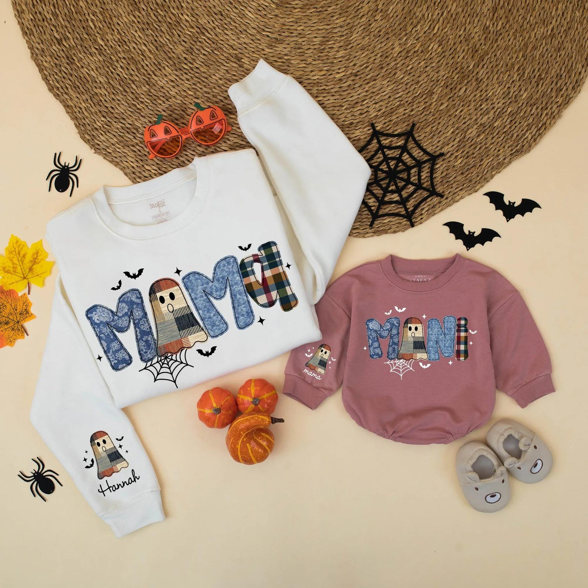 Matching Halloween Mama & Mini Plaid Ghost Sweatshirts, Spooky Family Outfits, Mommy and Me Cute Fall Shirts, Vintage Vibes