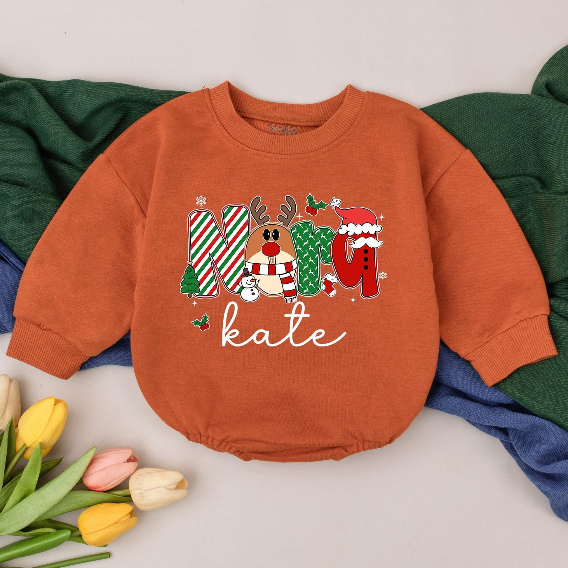 Personalized MAMA Christmas Baby Romper with 'kate' Name, Festive Reindeer Candy Cane Tree Santa Design, Winter Baby Girl Outfit First Xmas Gift