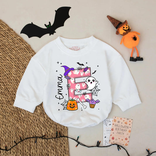 Personalized Emma Letter E Pink Polka Dot Halloween Baby Bubble Romper Retro Spooky Infant Girl Boy Fall Outfit Baby Shower Gift