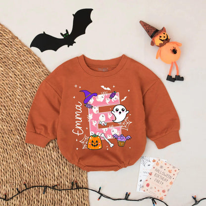 Personalized Emma Letter E Pink Polka Dot Halloween Baby Bubble Romper Retro Spooky Infant Girl Boy Fall Outfit Baby Shower Gift
