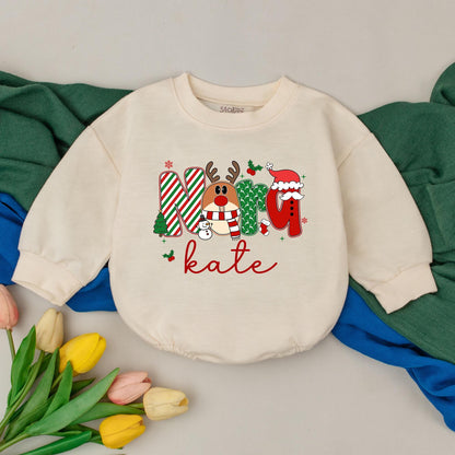 Personalized MAMA Christmas Baby Romper with 'kate' Name, Festive Reindeer Candy Cane Tree Santa Design, Winter Baby Girl Outfit First Xmas Gift