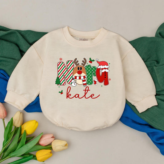 Personalized MAMA Christmas Baby Romper with 'kate' Name, Festive Reindeer Candy Cane Tree Santa Design, Winter Baby Girl Outfit First Xmas Gift