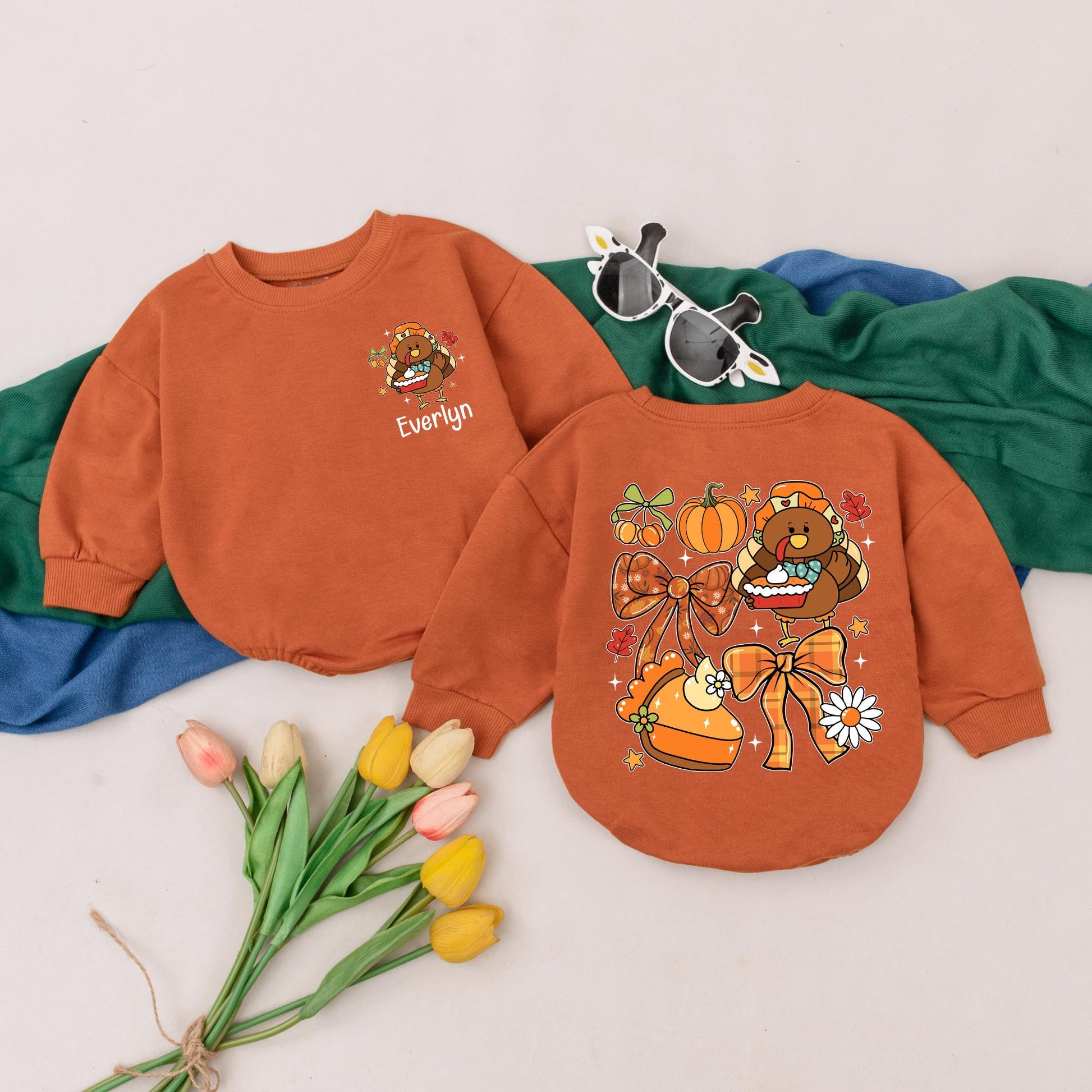Personalized Thanksgiving Baby Romper, Cute Pilgrim Turkey Pumpkin Pie Outfit, Custom Name Fall Bodysuit, Autumn Colors, Thanksgiving Baby Gift 139