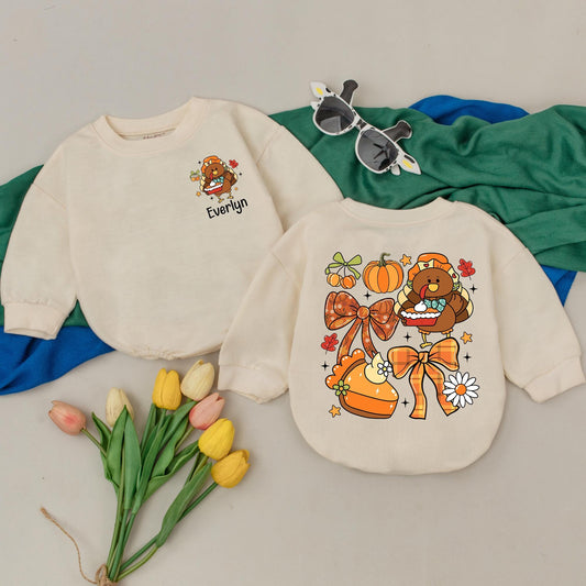 Personalized Thanksgiving Baby Romper, Cute Pilgrim Turkey Pumpkin Pie Outfit, Custom Name Fall Bodysuit, Autumn Colors, Thanksgiving Baby Gift 139