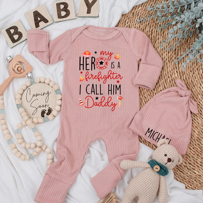Custom My Hero Firefighter Baby Bodysuit I Call Him Daddy adorned with Flames Stars Helmet Axe, Newborn Outfit, perfect Baby Shower & Fathers Day Gift