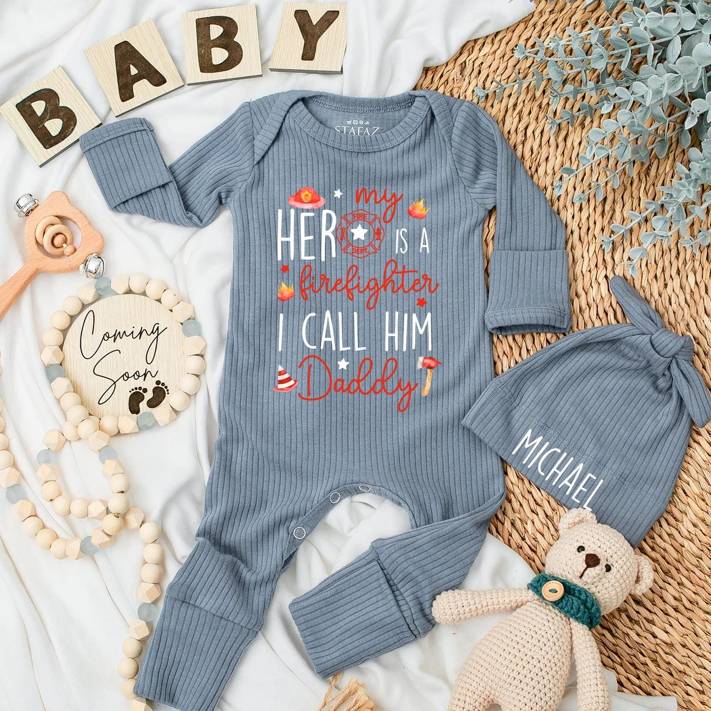Custom My Hero Firefighter Baby Bodysuit I Call Him Daddy adorned with Flames Stars Helmet Axe, Newborn Outfit, perfect Baby Shower & Fathers Day Gift