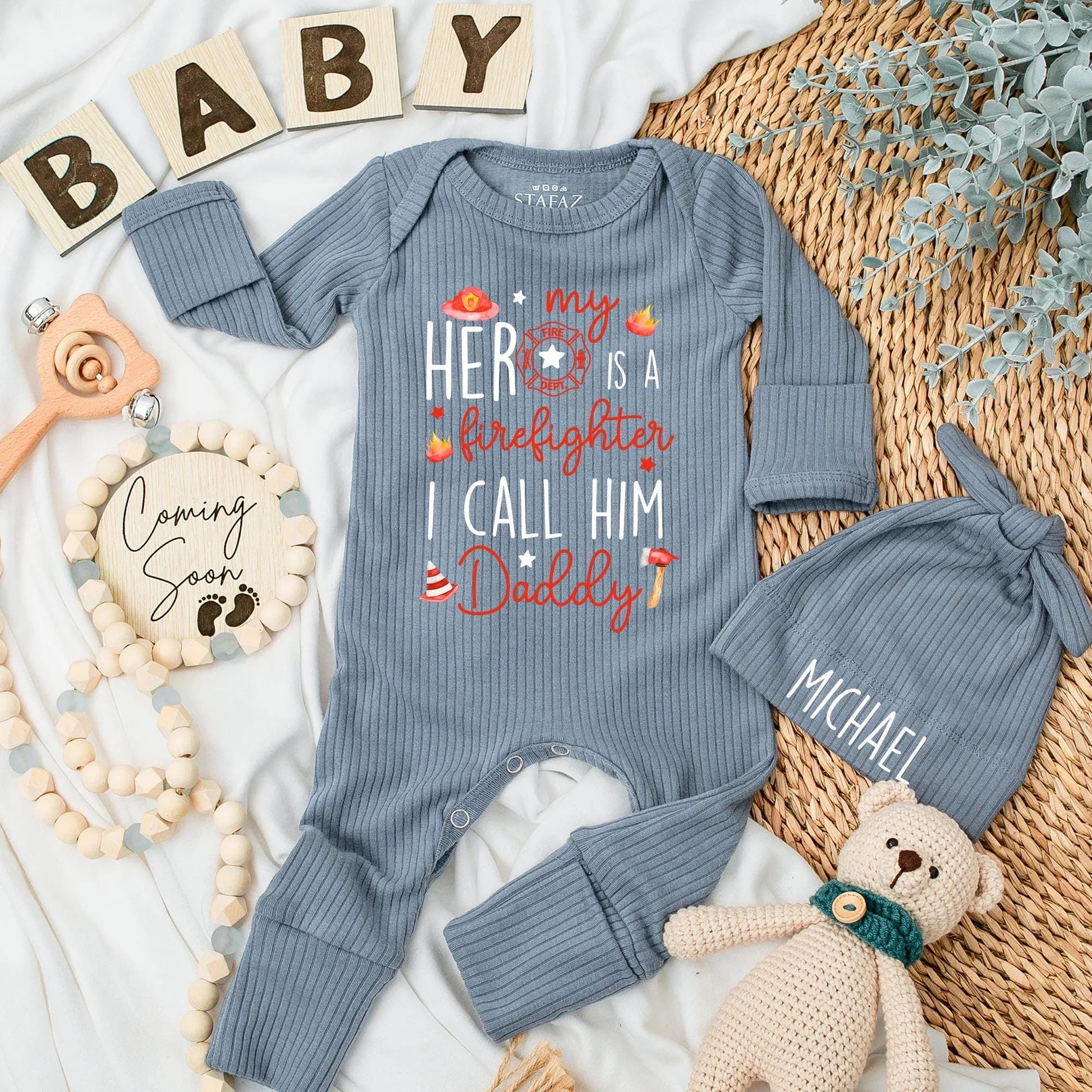 Custom My Hero Firefighter Baby Bodysuit I Call Him Daddy adorned with Flames Stars Helmet Axe, Newborn Outfit, perfect Baby Shower & Fathers Day Gift