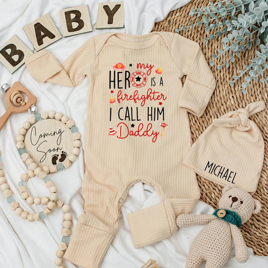 Custom My Hero Firefighter Baby Bodysuit I Call Him Daddy adorned with Flames Stars Helmet Axe, Newborn Outfit, perfect Baby Shower & Fathers Day Gift