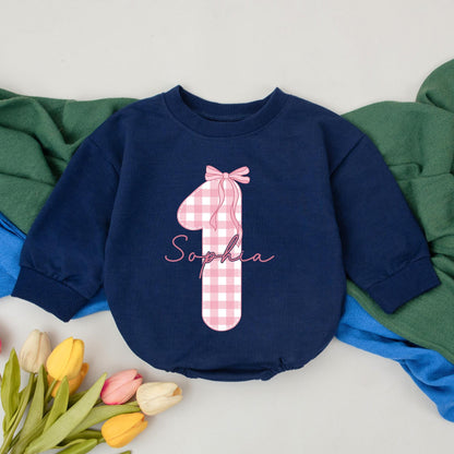 Cute Sophia 1st Birthday Girl Romper with Pink Gingham Number 1 & Bow Soft Girly Toddler Outfit Baby Shower Gift Personalized