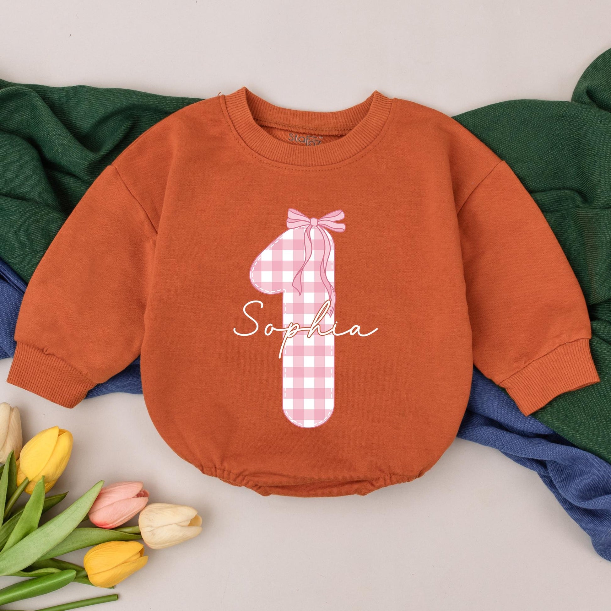 Cute Sophia 1st Birthday Girl Romper with Pink Gingham Number 1 & Bow Soft Girly Toddler Outfit Baby Shower Gift Personalized