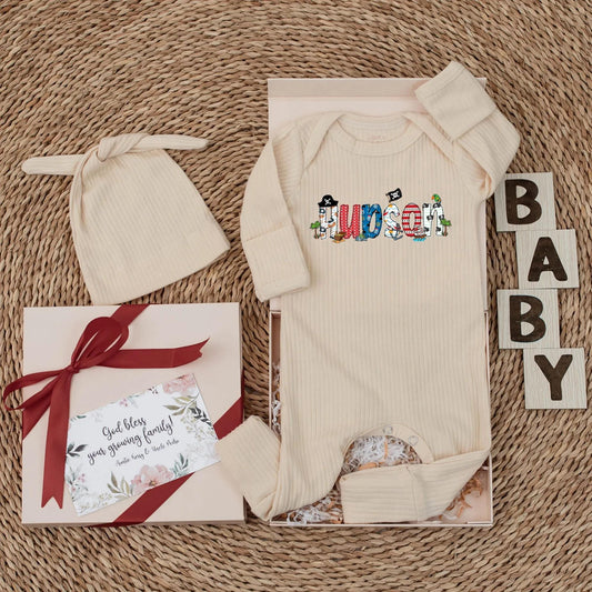 Hudson Pirate Name Baby Bodysuit Cute Cartoon Skull Treasure Chest Parrot Nautical Stripes Personalized Baby Shower Gift Newborn Outfit