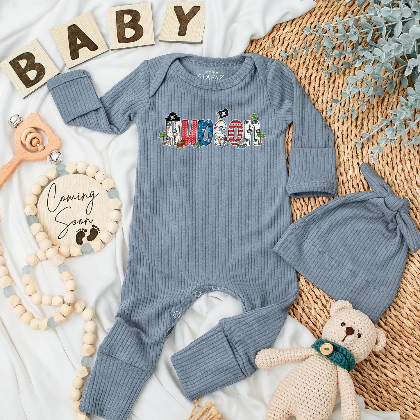 Hudson Pirate Name Baby Bodysuit Cute Cartoon Skull Treasure Chest Parrot Nautical Stripes Personalized Baby Shower Gift Newborn Outfit