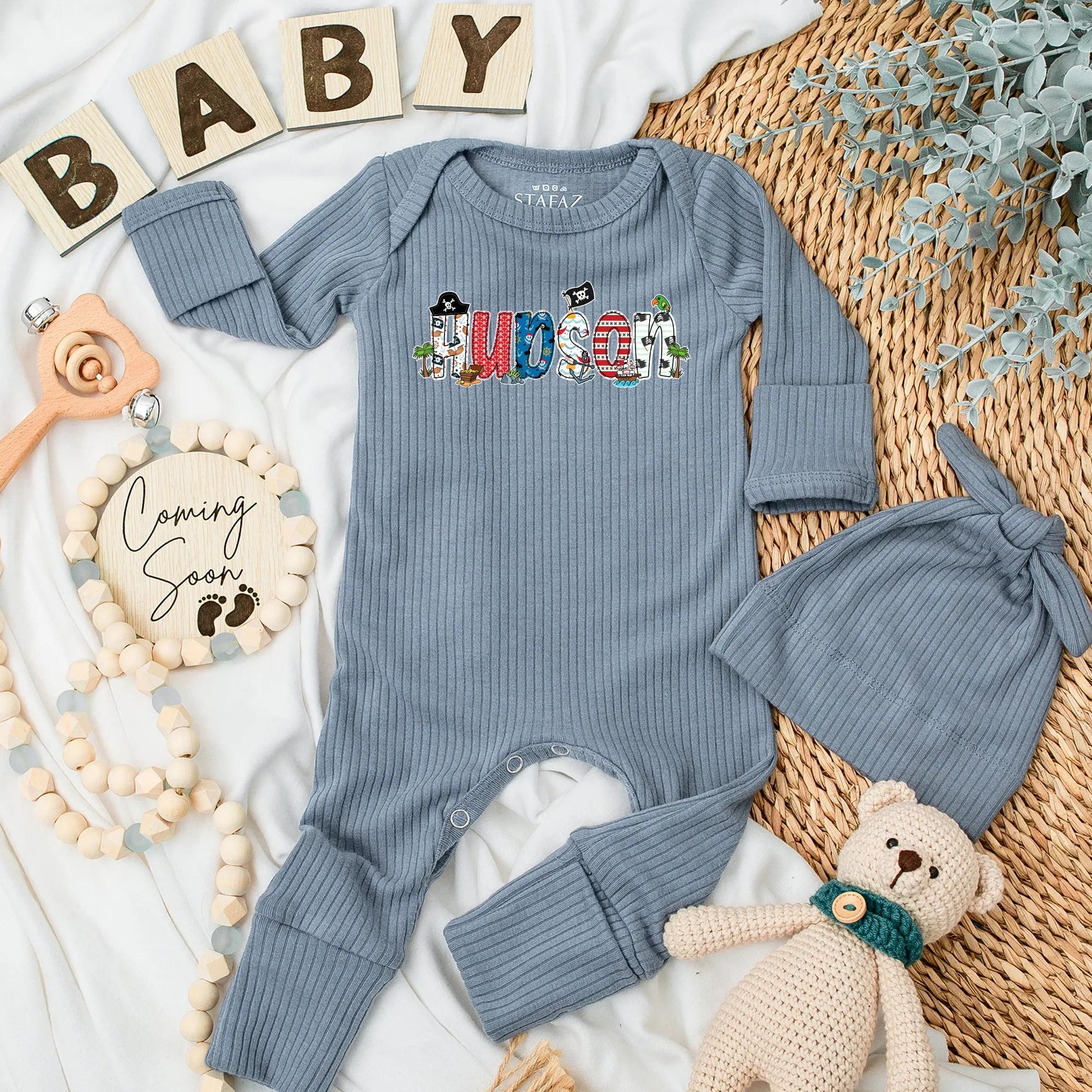 Hudson Pirate Name Baby Bodysuit Cute Cartoon Skull Treasure Chest Parrot Nautical Stripes Personalized Baby Shower Gift Newborn Outfit