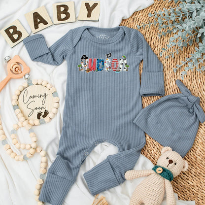 Hudson Pirate Name Baby Bodysuit Cute Cartoon Skull Treasure Chest Parrot Nautical Stripes Personalized Baby Shower Gift Newborn Outfit