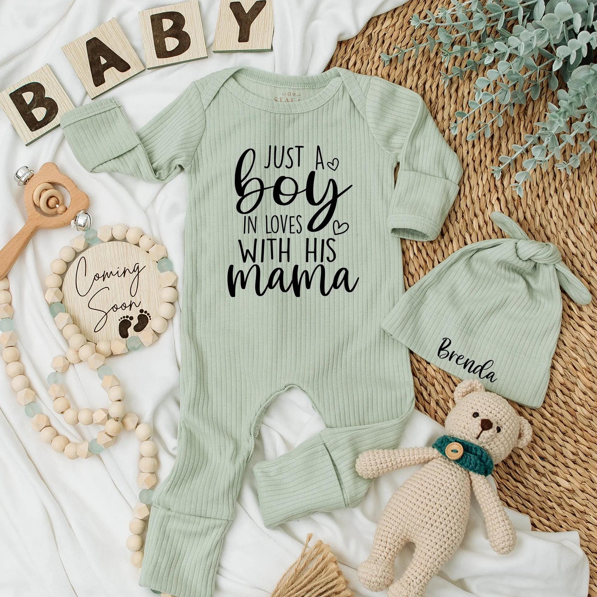 Just A Boy In Love With His Mama Sweet Black Ink Cursive Font Baby Bodysuit Modern Newborn Clothes Perfect Mama's Boy Gift For Mother's Day Baby Shower