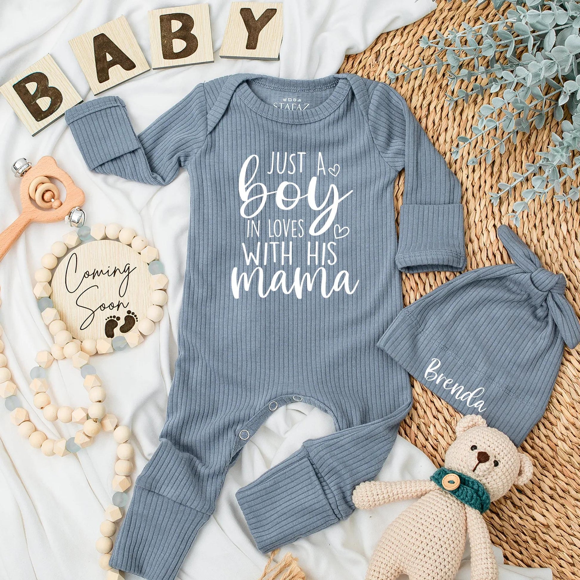 Just A Boy In Love With His Mama Sweet Black Ink Cursive Font Baby Bodysuit Modern Newborn Clothes Perfect Mama's Boy Gift For Mother's Day Baby Shower