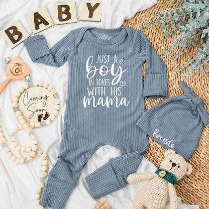 Just A Boy In Love With His Mama Sweet Black Ink Cursive Font Baby Bodysuit Modern Newborn Clothes Perfect Mama's Boy Gift For Mother's Day Baby Shower