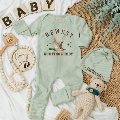 Newest Hunting Buddy Baby Bodysuit, Duck in Flight Newborn Outfit, Baby Boy Clothes, Hunting Season Gift