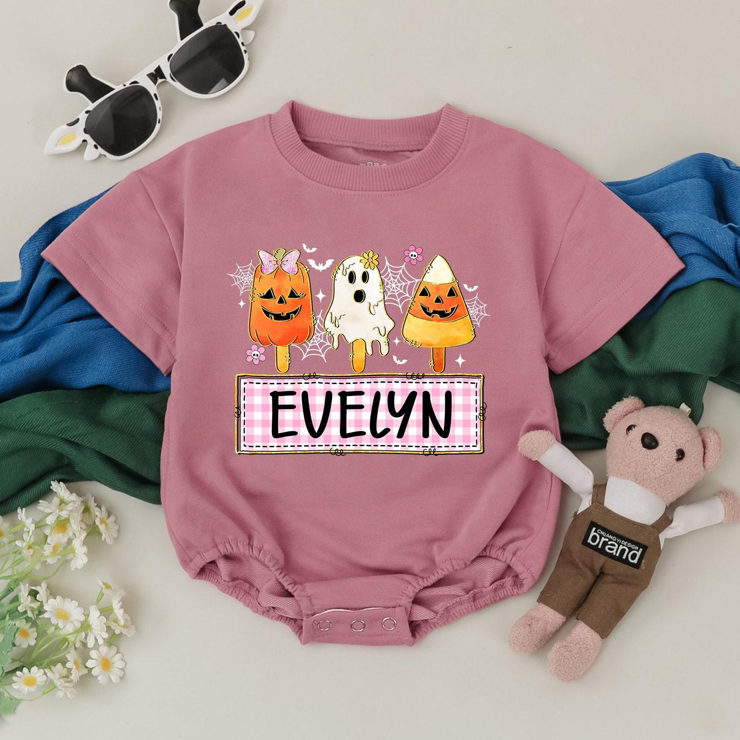 EVELYN's Personalized Halloween Ice Cream Romper Baby Girl Outfit Retro Ghost Pumpkin & Candy Corn Design Custom Baby Shower Gift