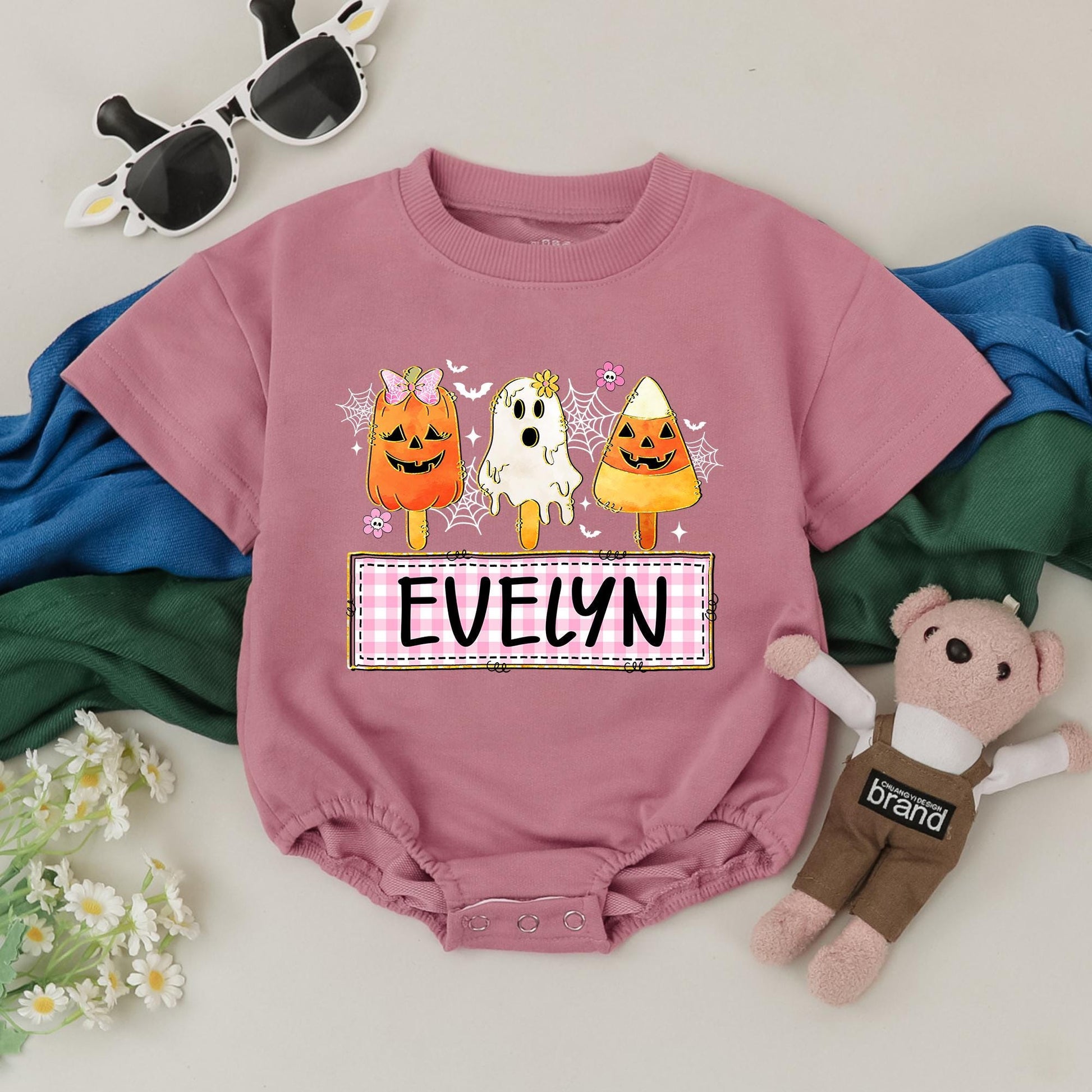 EVELYN's Personalized Halloween Ice Cream Romper Baby Girl Outfit Retro Ghost Pumpkin & Candy Corn Design Custom Baby Shower Gift