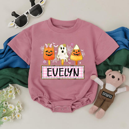 EVELYN's Personalized Halloween Ice Cream Romper Baby Girl Outfit Retro Ghost Pumpkin & Candy Corn Design Custom Baby Shower Gift