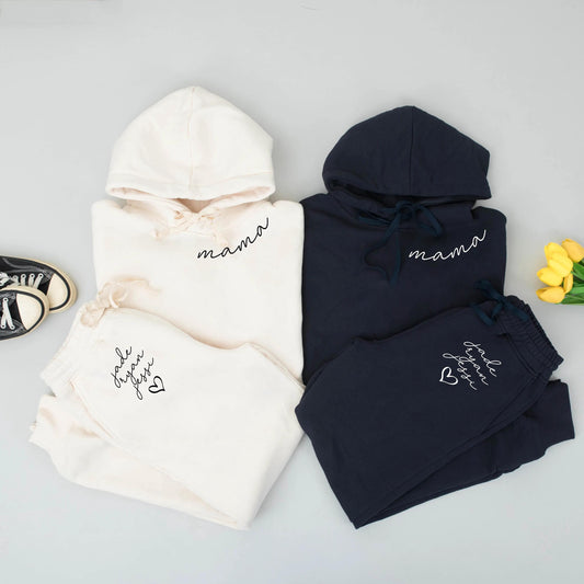 Custom Mama Hoodie and Sweatpants Set with Kid Names Minimalist Heart Design Comfortable Cotton Soft Everyday Wear Perfect Mom Gift