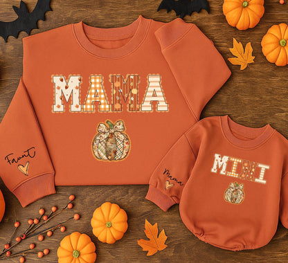 Mommy and Me Matching Fall Sweatshirts Mama Mini Pumpkin Lace Plaid Rustic Design with Autumn Leaves for Cozy Mom Daughter Halloween