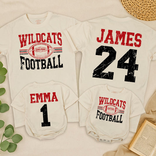 Custom Family Football Game Day Shirt Team Player Names Numbers Vintage Distressed Sports Tee Toddler Wildcats Red Black Stripes Oval Graphic